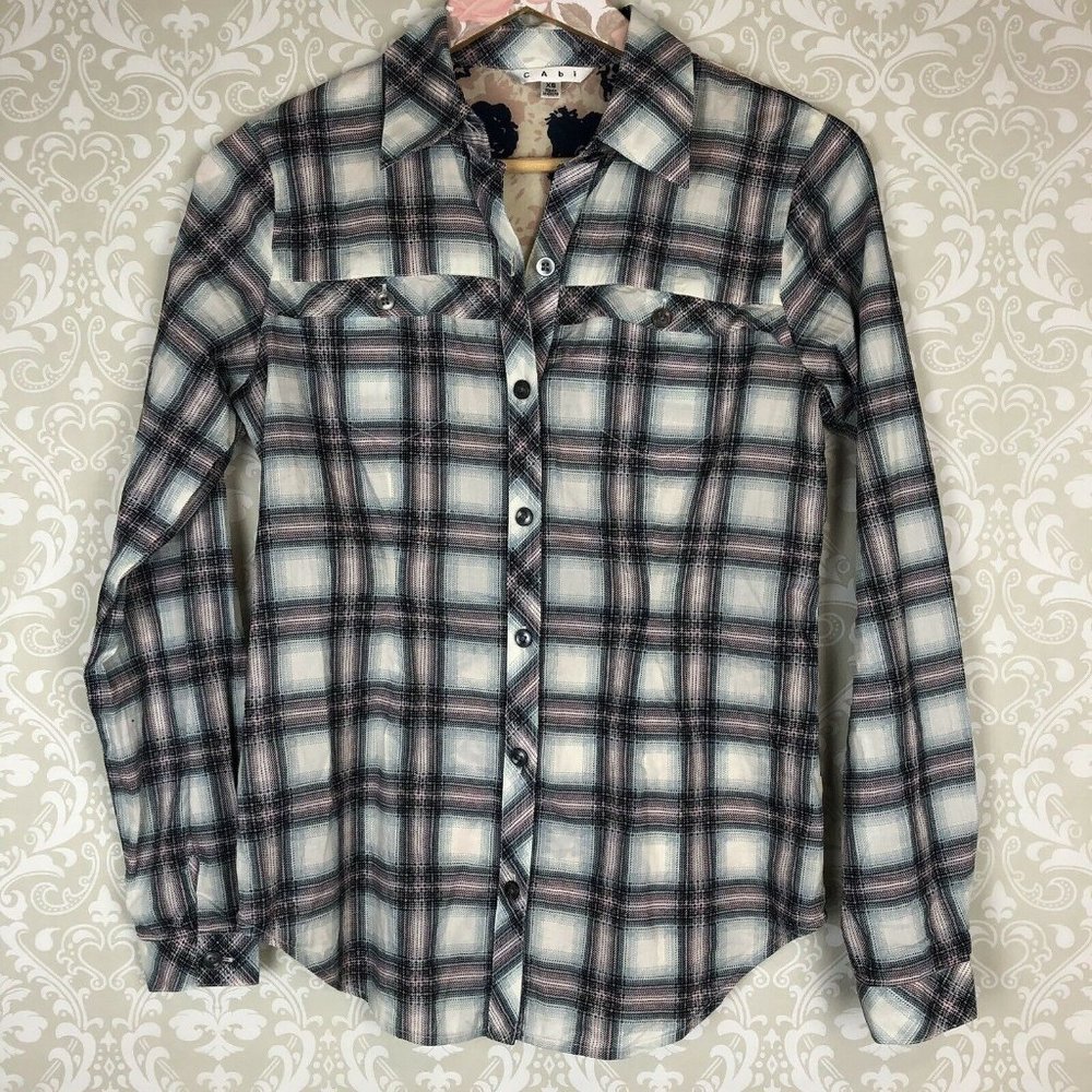 CAbi Festival Plaid Floral Button Down Long Sleeve